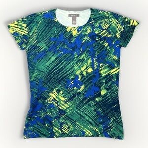 KENAR Blue Green Silk Blend Daphne Knit Top Size M Multicolor Print Short Sleeve